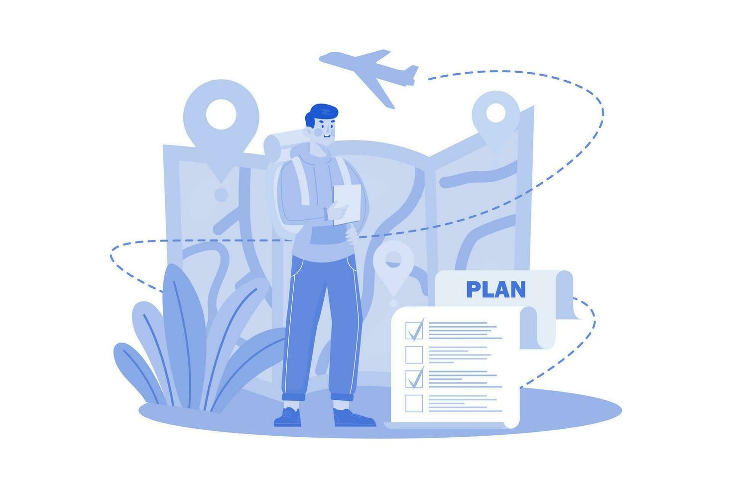 Young Man With Luggage, Planning Sightseeing Route For Attractions vector