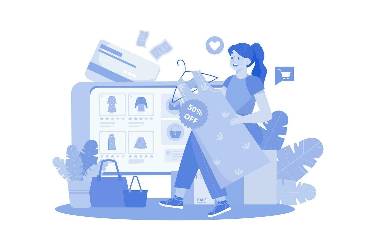 Female Customers Using Digital Gadgets For Online Shopping On Sales. vector