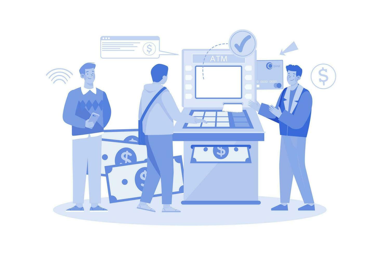 Consultant near Automated Teller Machine for Customers vector