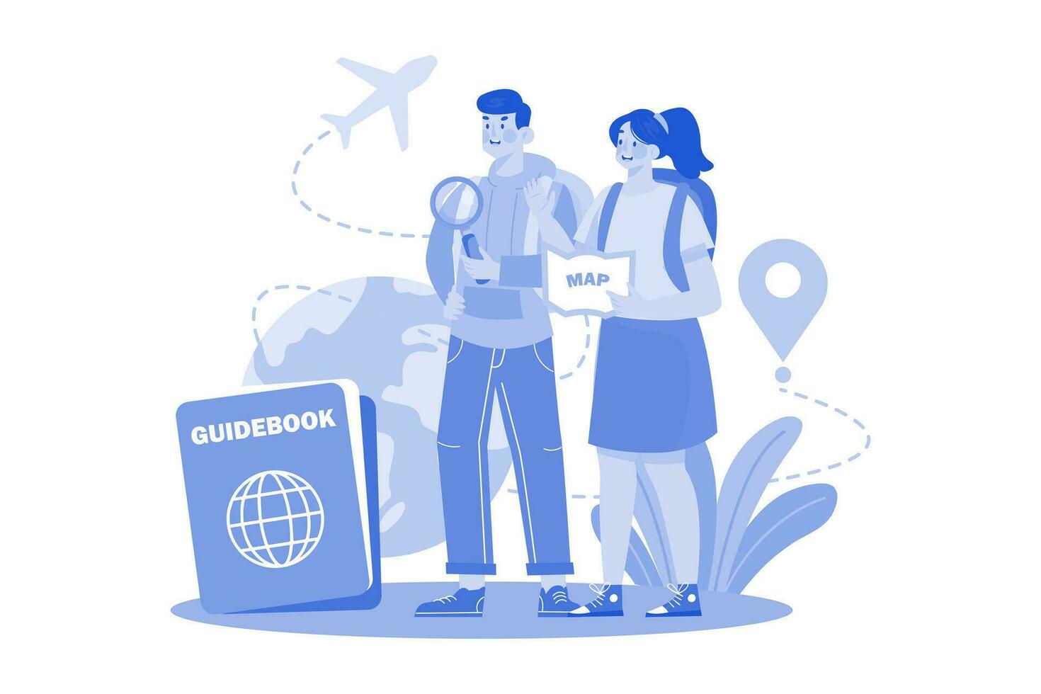 Tourist Man And Woman Walking With Map Or Guidebook vector