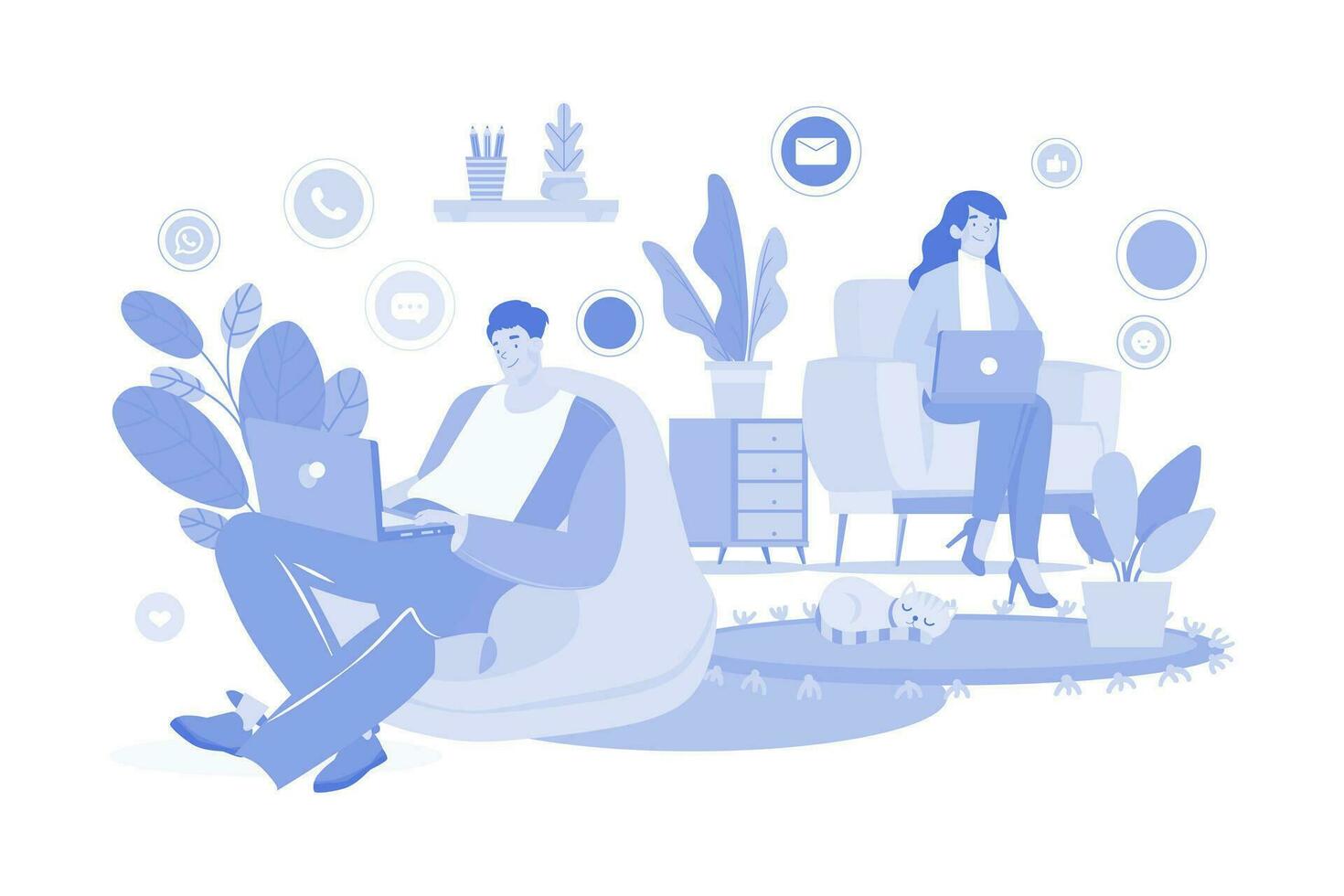 Couples Connect Social Networks At Home. vector