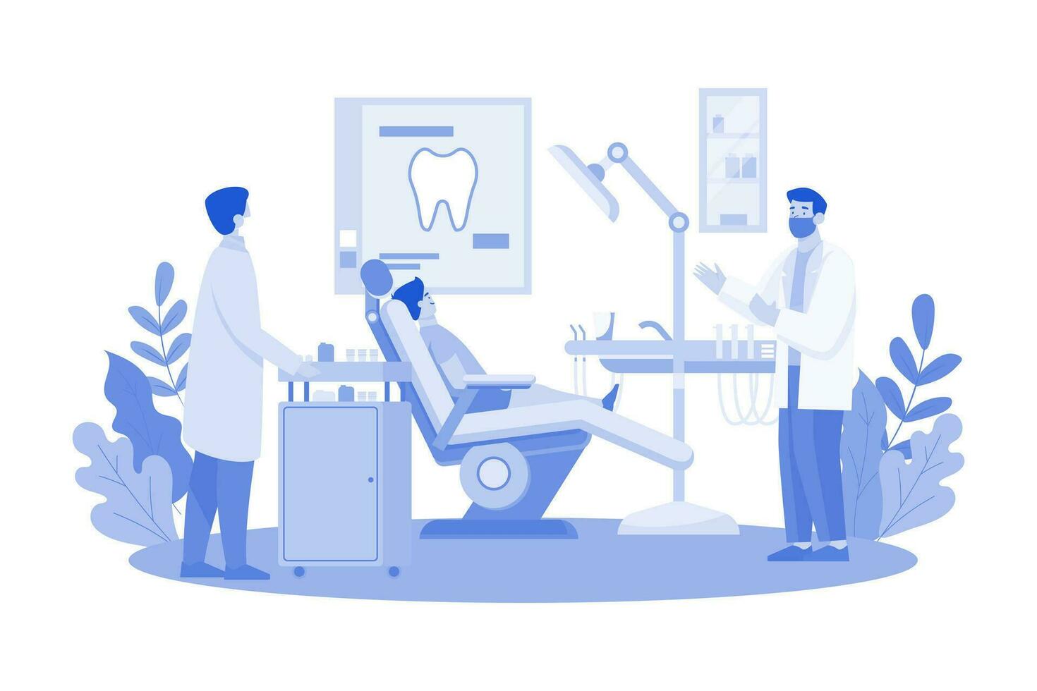 Dentists Treating Patients' Teeth In The Clinic. vector