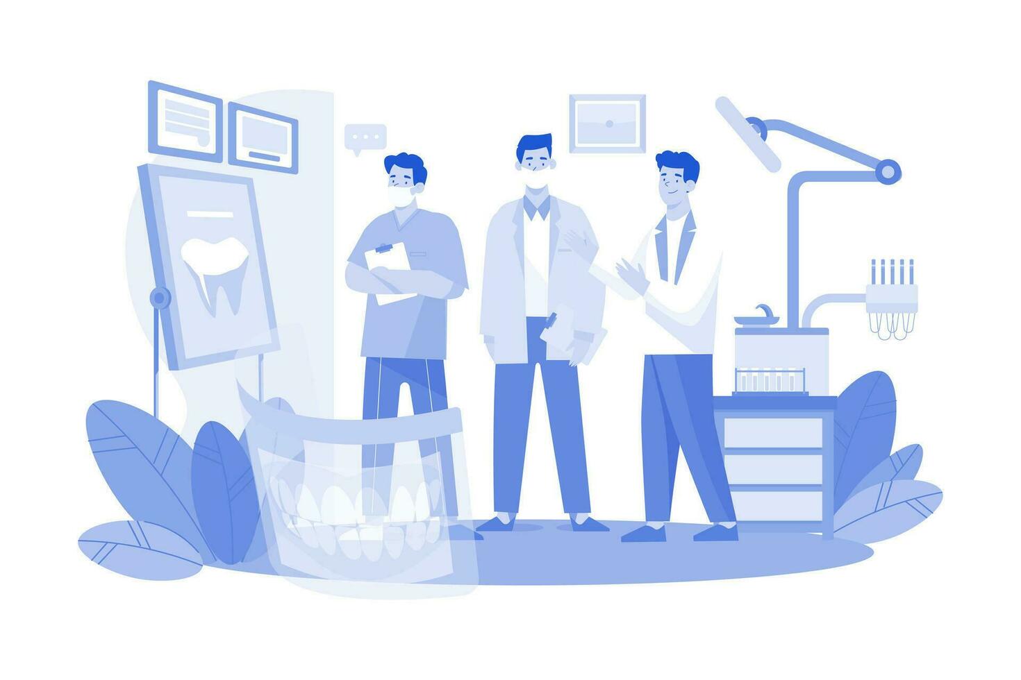 Dentists Demonstrating Patient Jaw X-Ray On Board. vector
