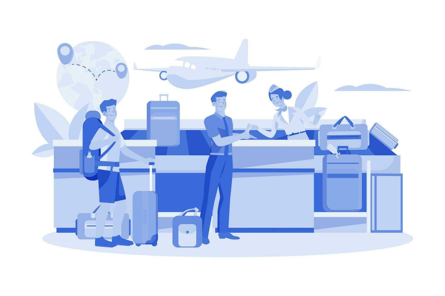 The flight attendant guides the passenger to check in at the counter vector