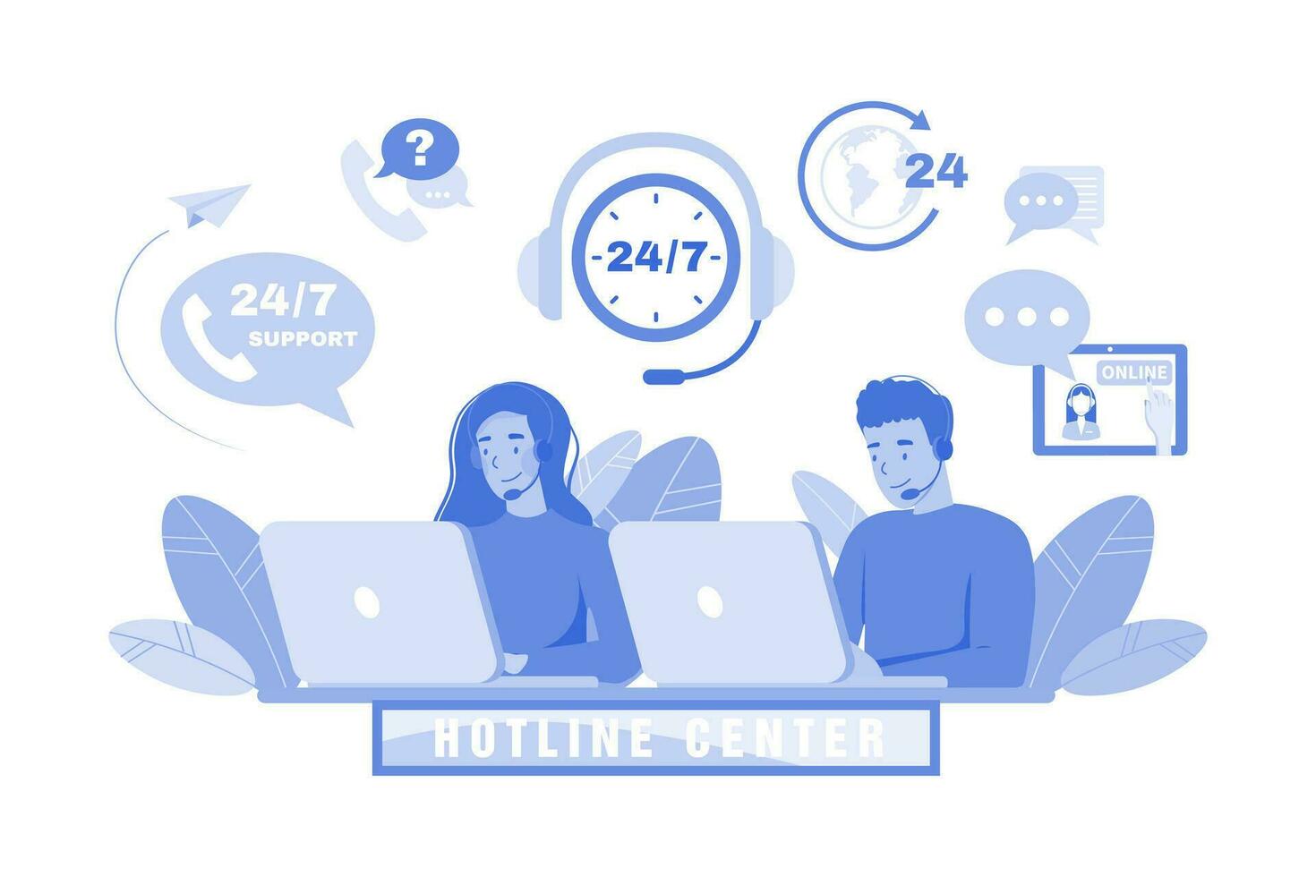 Call center agent with headset working on the support hotline vector