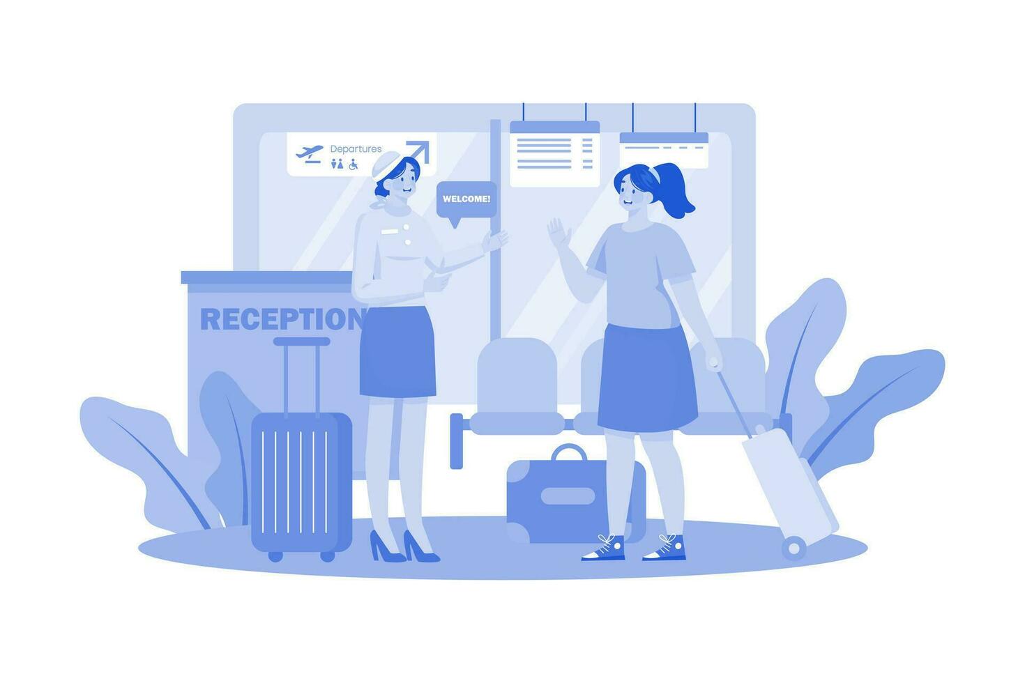 Hostess Greets Passengers At The Airport Reception vector