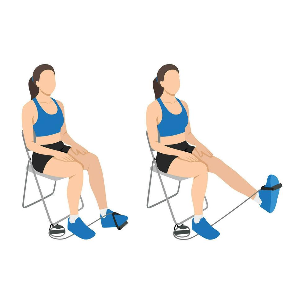 mujer haciendo resistencia banda sentado pierna extensiones ejercicio. vector