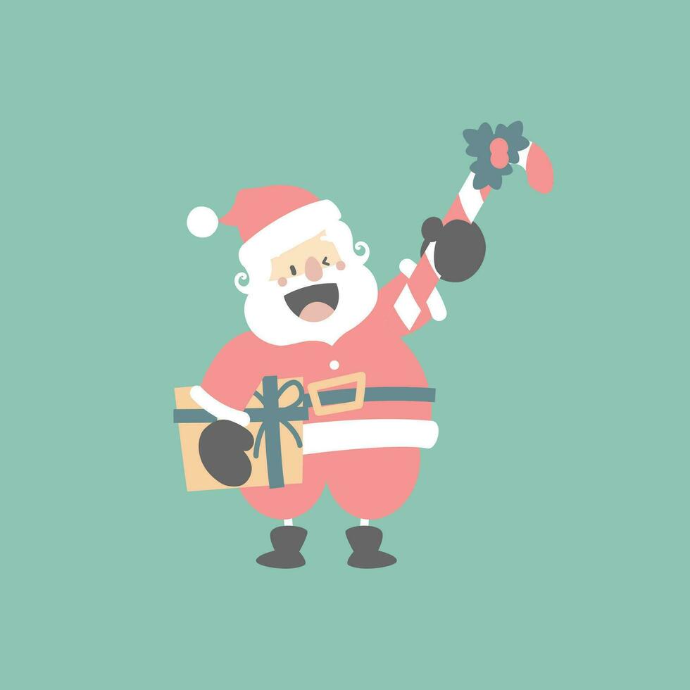 alegre Navidad y contento nuevo año con linda Papa Noel noel, caramelo caña y presente regalo en el invierno temporada verde fondo, plano vector ilustración dibujos animados personaje disfraz diseño