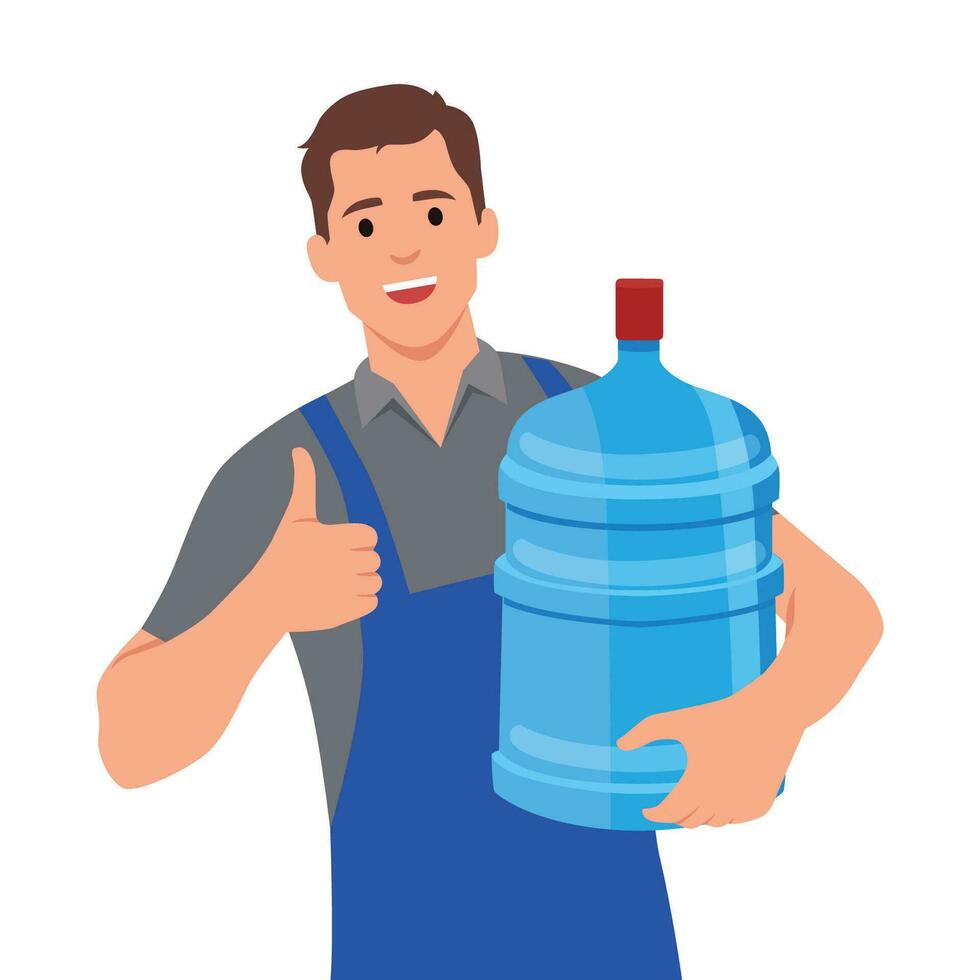 Happy water delivery courier holding gallon of water with thumb up. vector