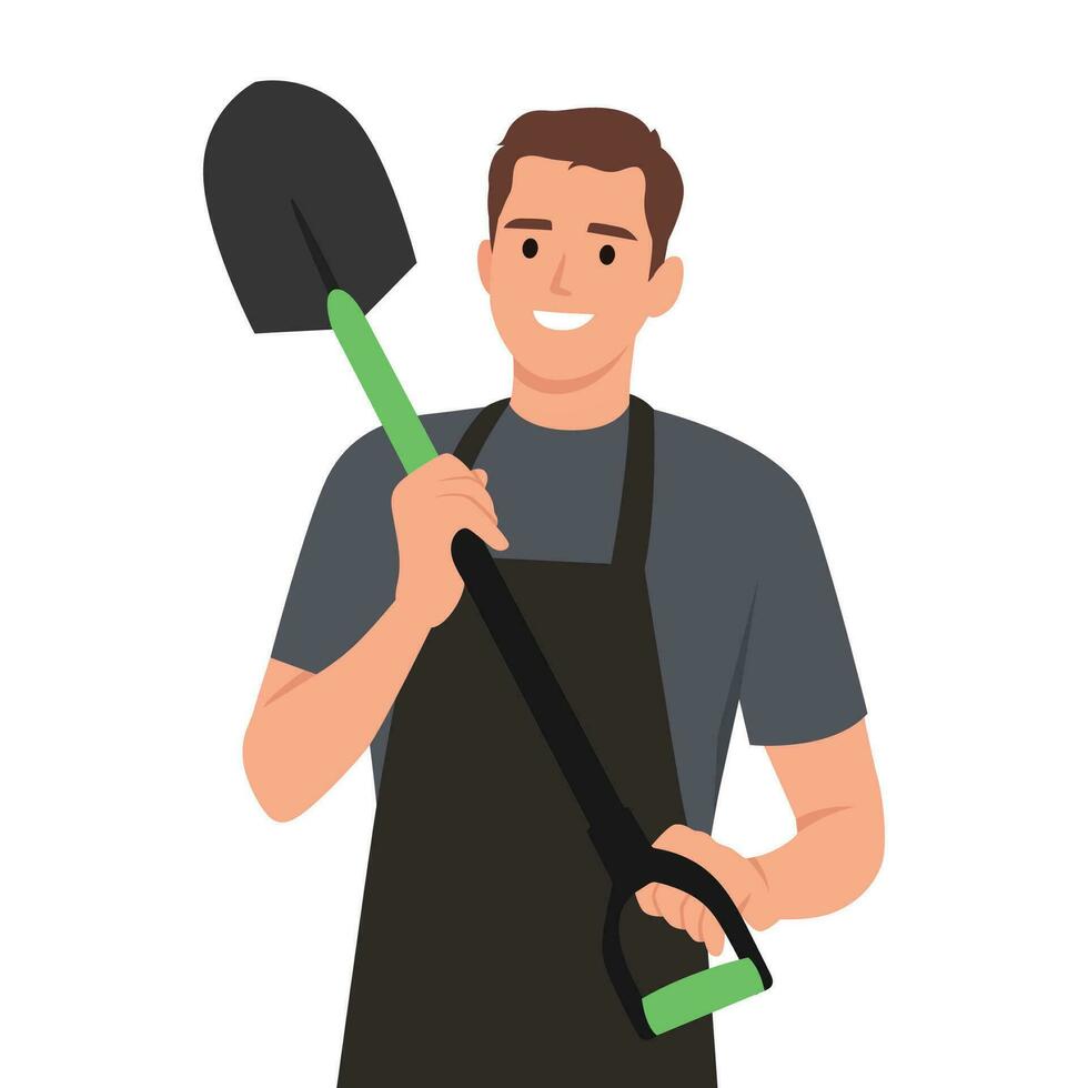 Happy gardener man with a shovel on his hand. vector