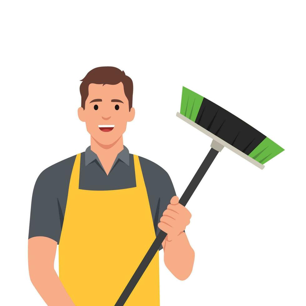 Man janitor uniform with broom in one hand. Cleaning worker. vector