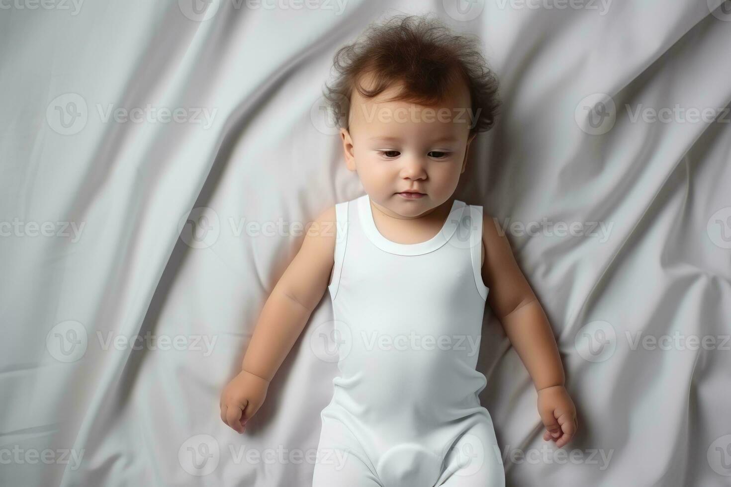 Baby wearing white shirt bodysuit for mock up. Top view at white bed. AI generated photo