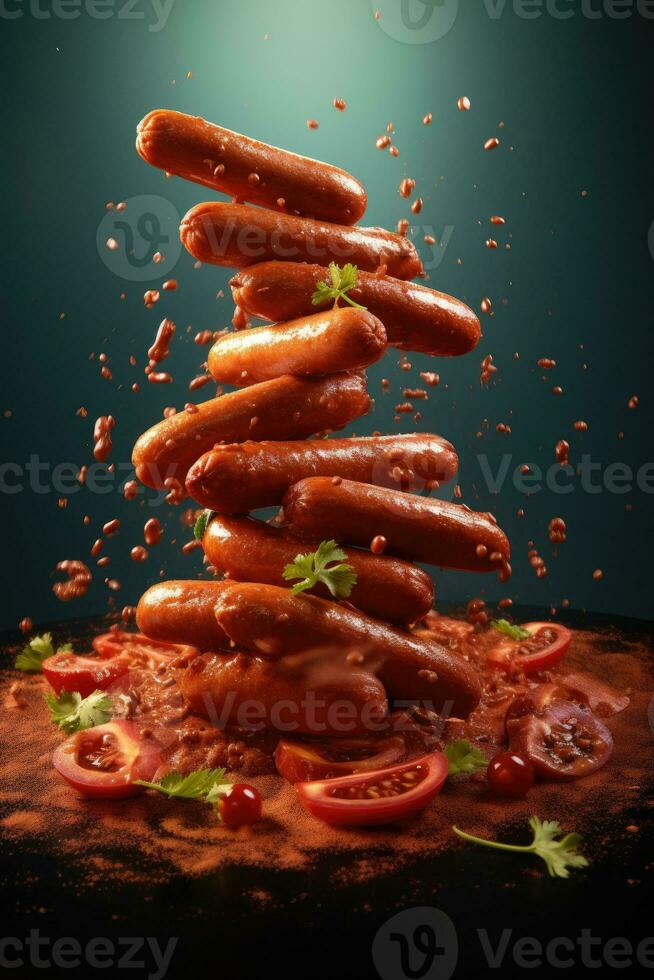 grilled sausages levitation in the air with ketchup on dark background. Generative AI photo