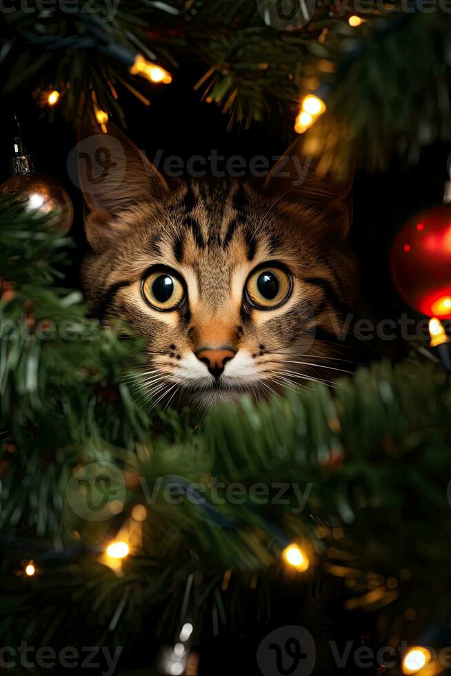 cat in decorated christmas tree. New year concept. Generative AI photo