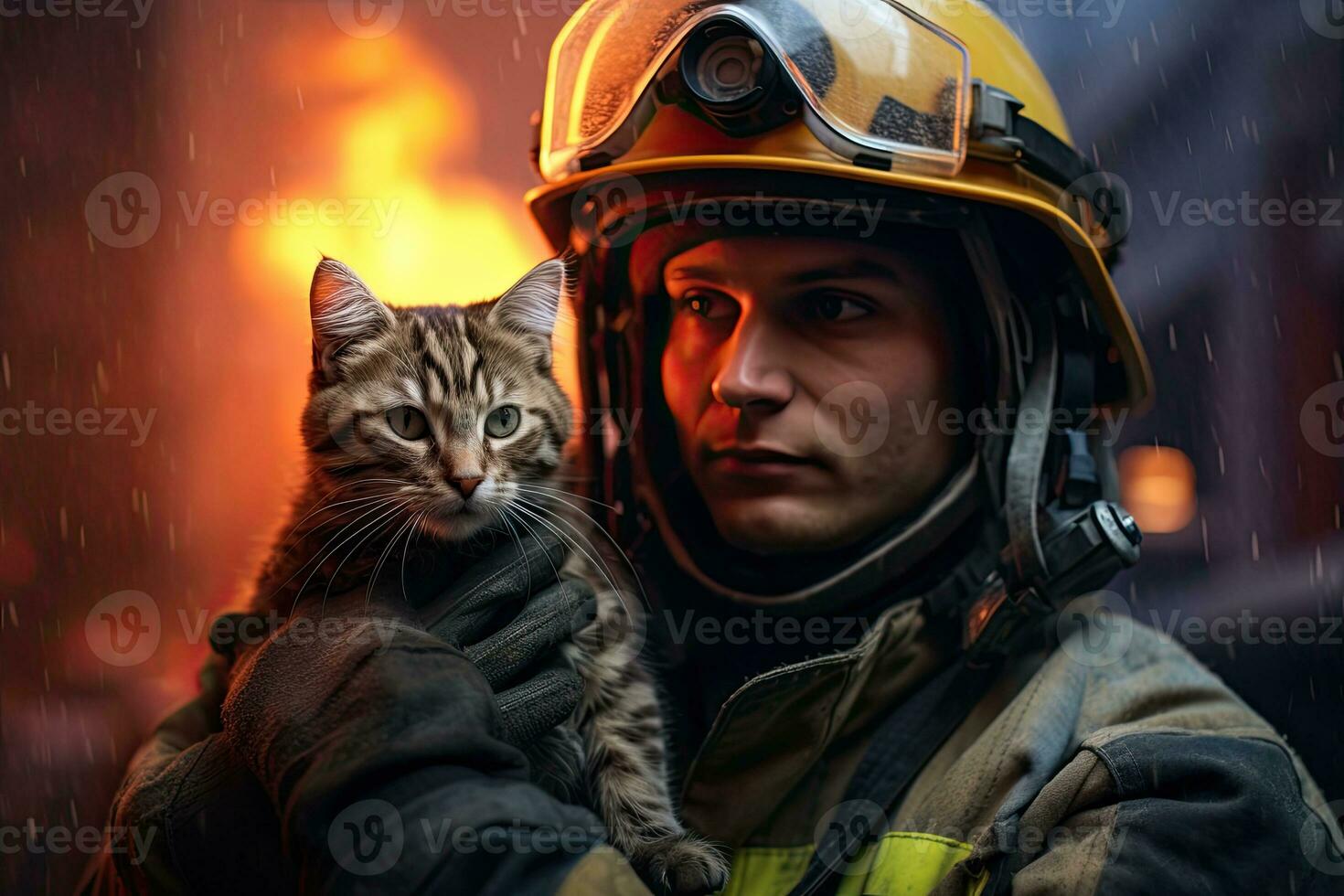A heroic firefighter saved a cat from fire. Fire on background. AI generated photo