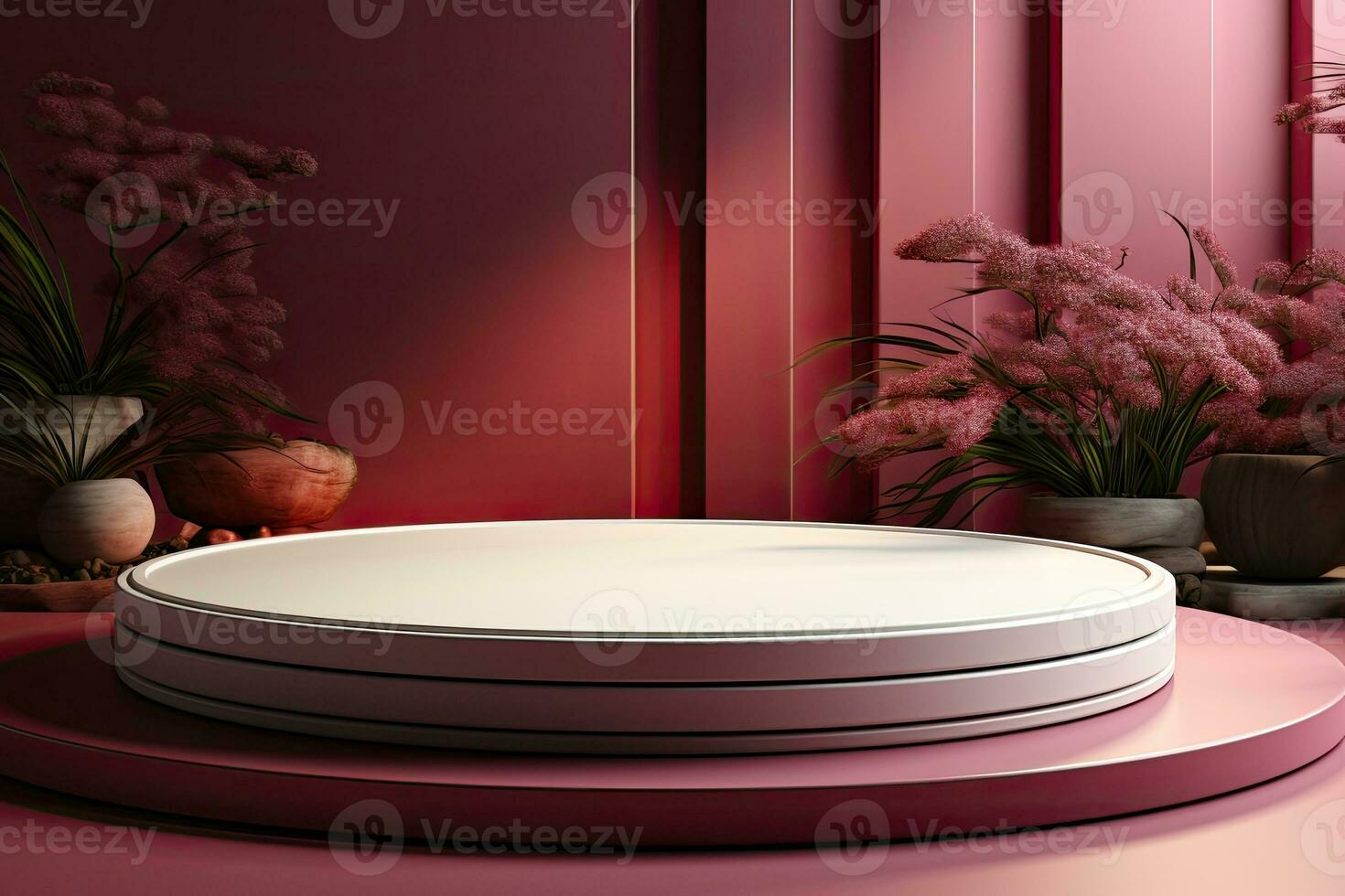 Empty circle stone stage podium, background with flowers and leaves. Generative AI photo