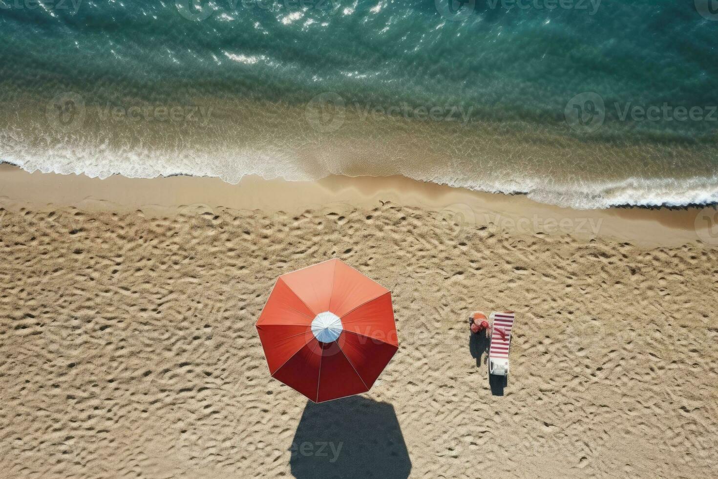 Aerial view of sandy beach with umbrella and blue water. Generative AI photo