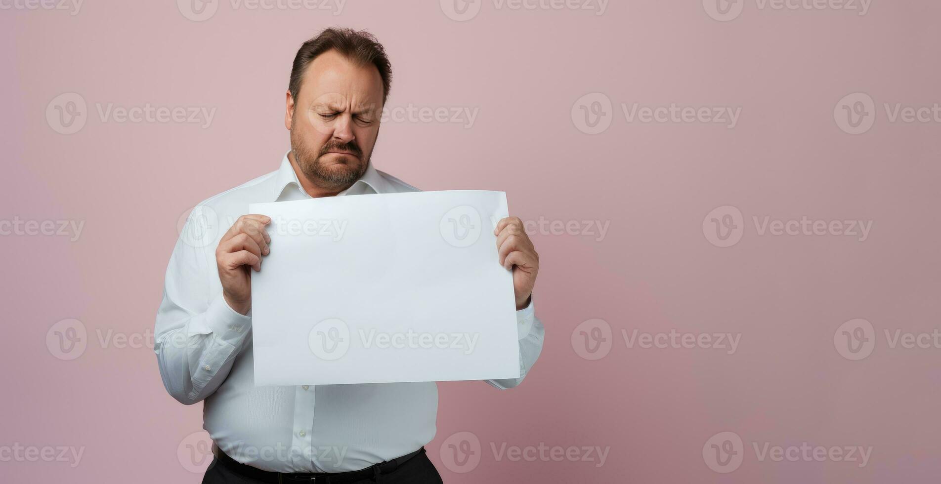 Banner of sad man holding a blank sheet of paper on pink pastel background. Generative AI photo