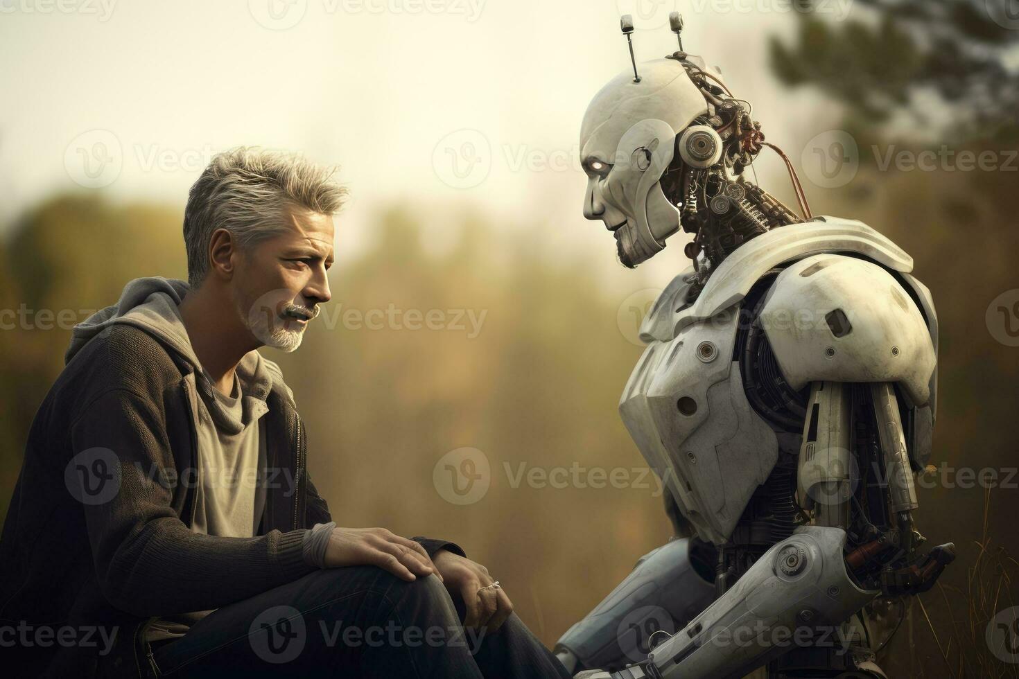 Man and robot outdoor. Friendly robot and human. Generative AI photo