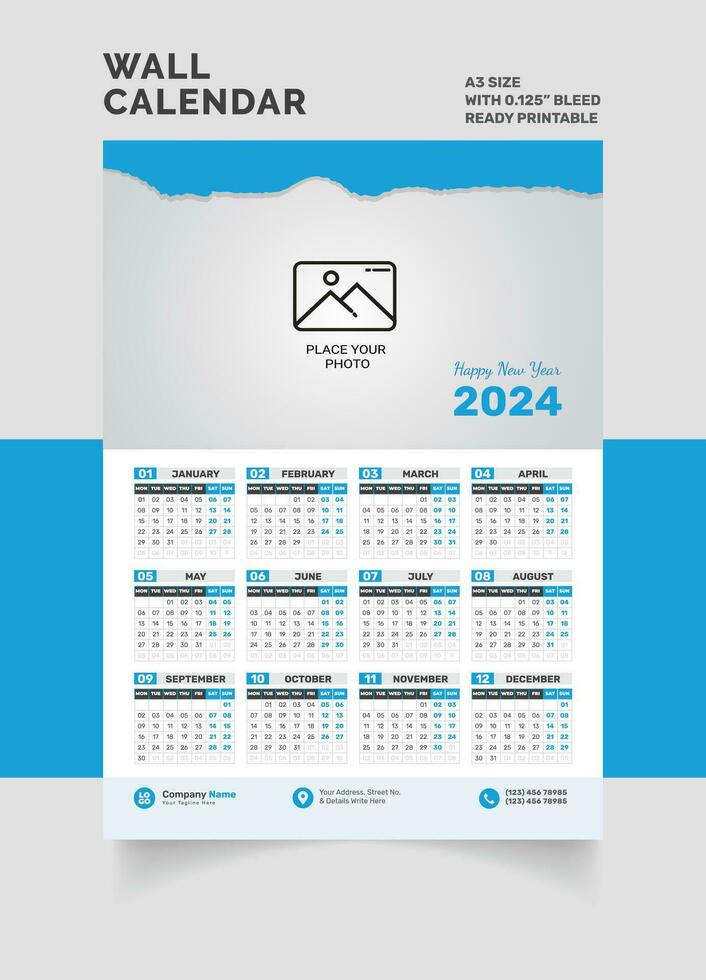 2024 pared calendario soltero página calendario uno página calendario vector