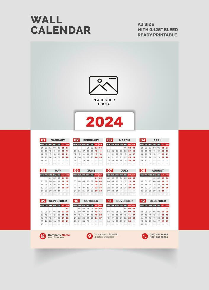 2024 Wall Calendar single page calendar one page calendar vector