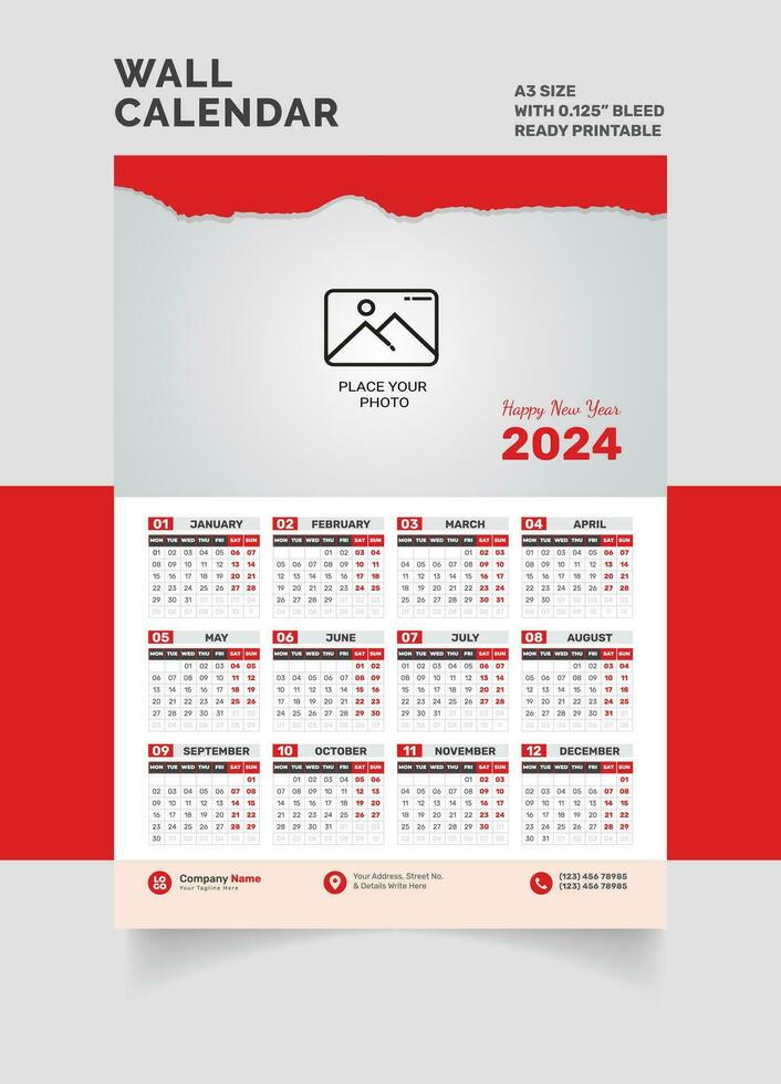 2024 pared calendario soltero página calendario uno página calendario vector