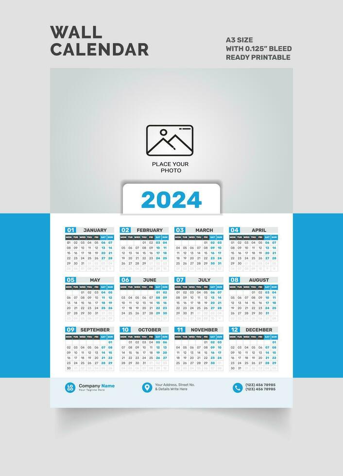 2024 Wall Calendar single page calendar one page calendar vector