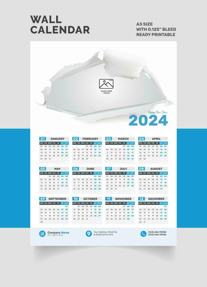 2024 pared calendario soltero página calendario uno página calendario vector