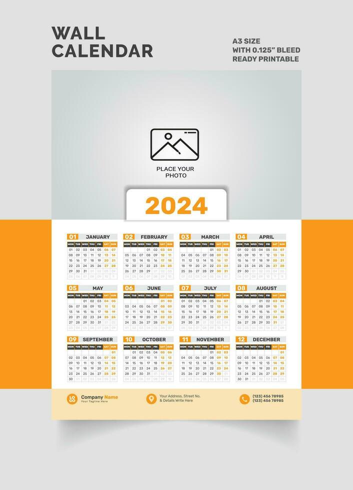 2024 Wall Calendar single page calendar one page calendar vector