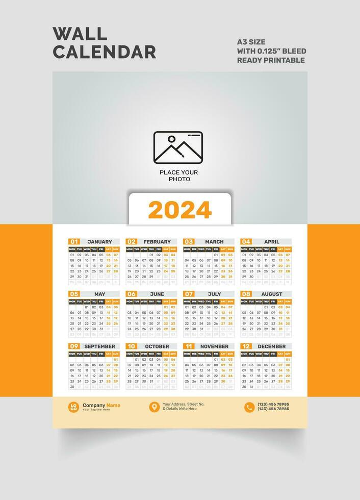 2024 pared calendario soltero página calendario uno página calendario vector