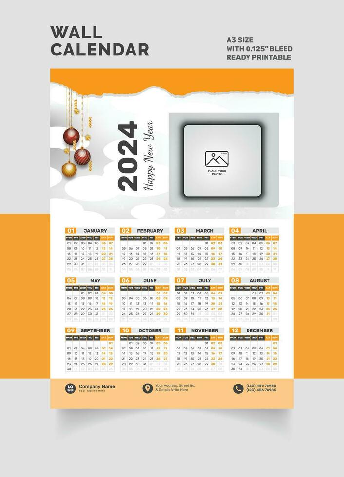 2024 Wall Calendar single page calendar one page calendar vector