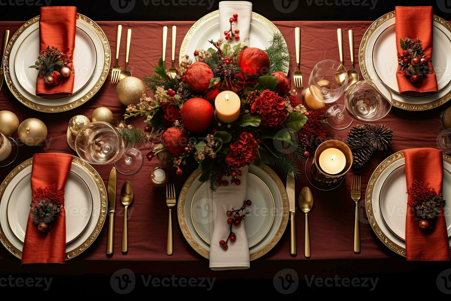 Christmas table setting with dishware, silverware and decorations on festive table. Top view. AI generated photo