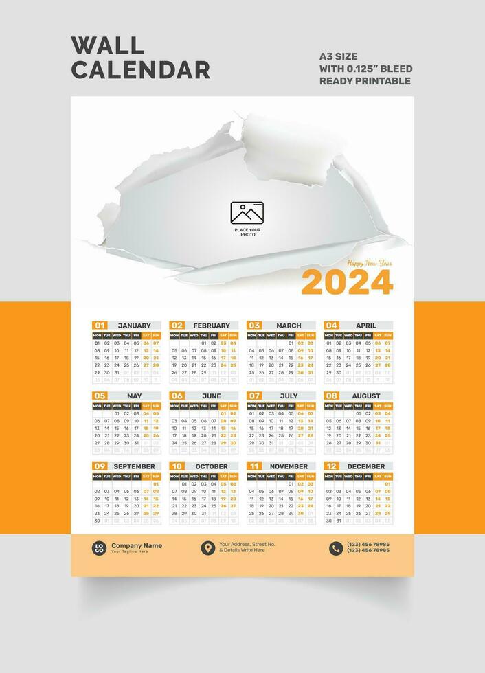 2024 pared calendario soltero página calendario uno página calendario vector