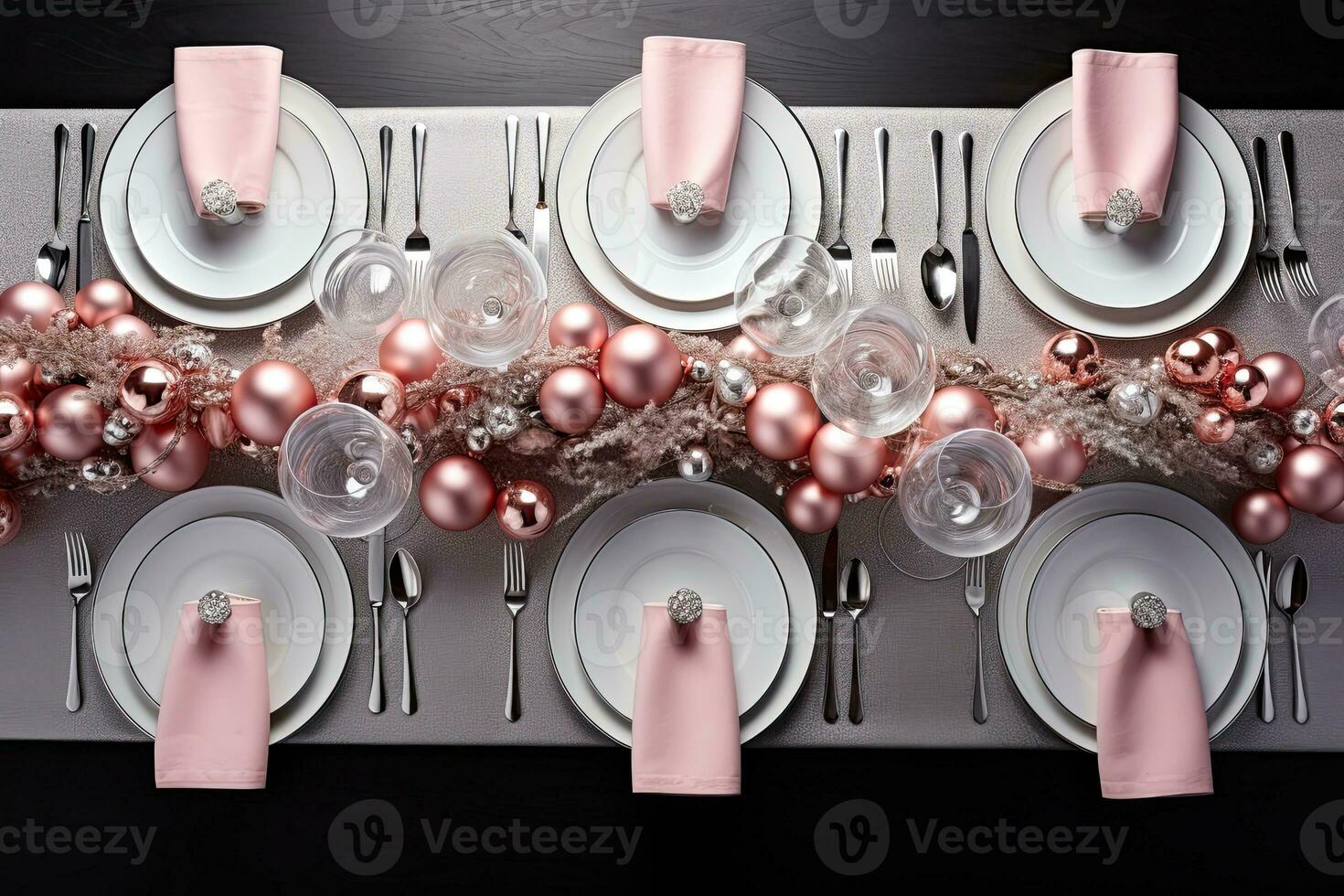 Christmas table setting with dishware, silverware and decorations on festive table. Top view. AI generated photo