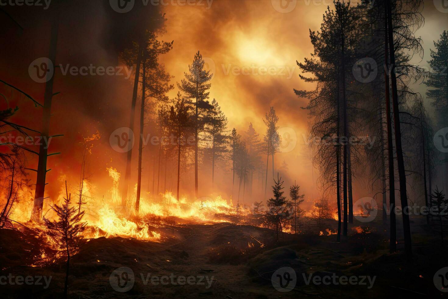 wildfire in forest with a lot of smoke. flames of forest fire. Generative AI photo