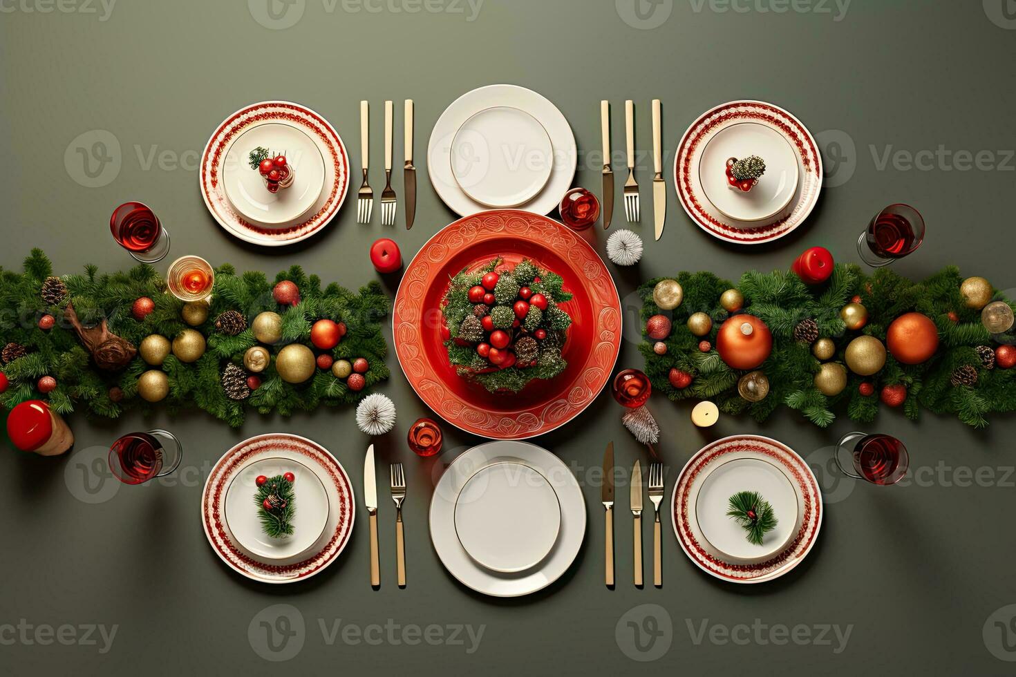 Christmas table setting with dishware, silverware and decorations on festive table. Top view. AI generated photo