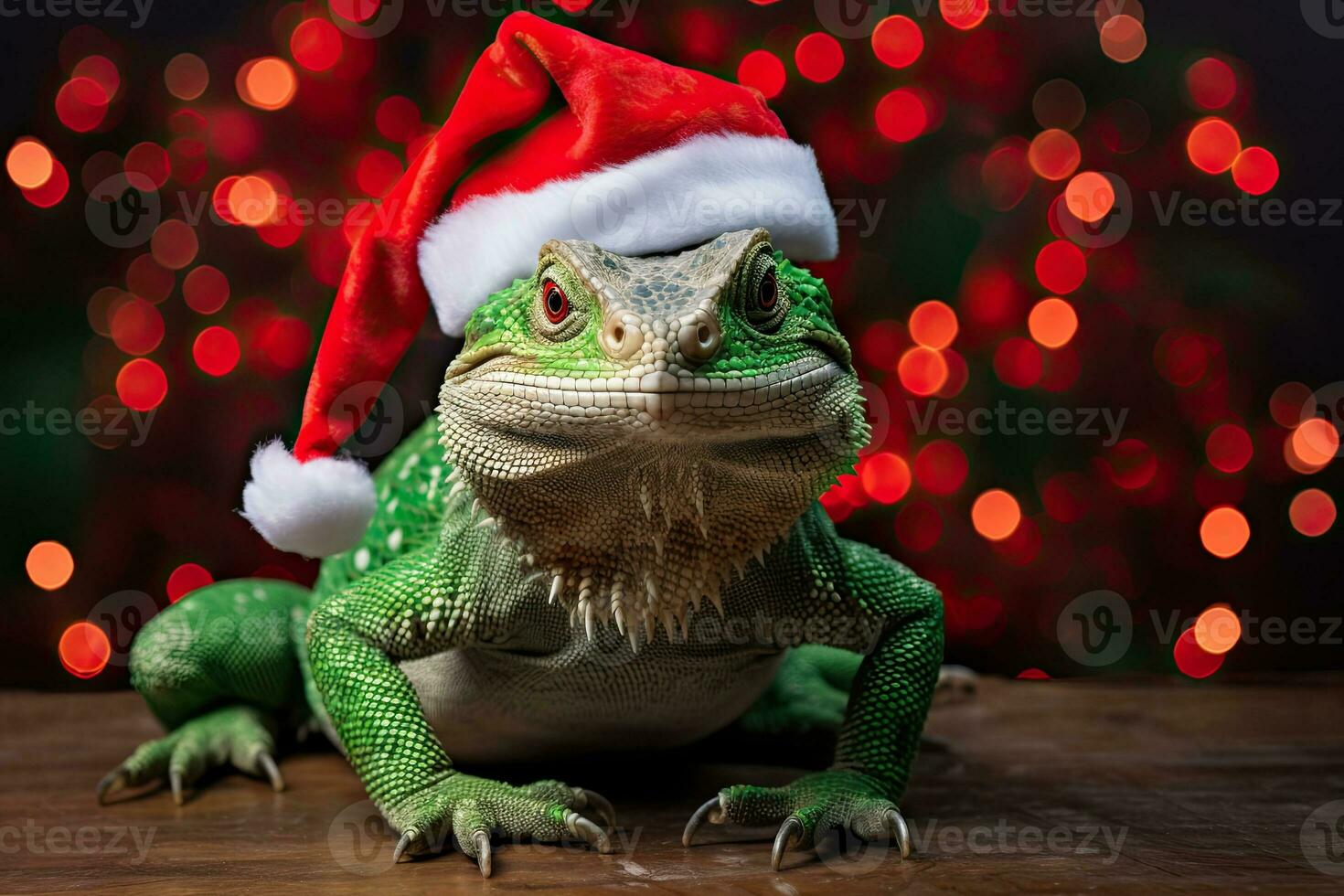 lizard in santa hat and christmas tree with bokeh background. AI generated photo