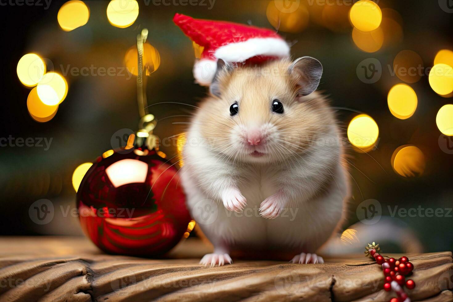 Hamster in santa hat and christmas tree with bokeh background. AI generated photo