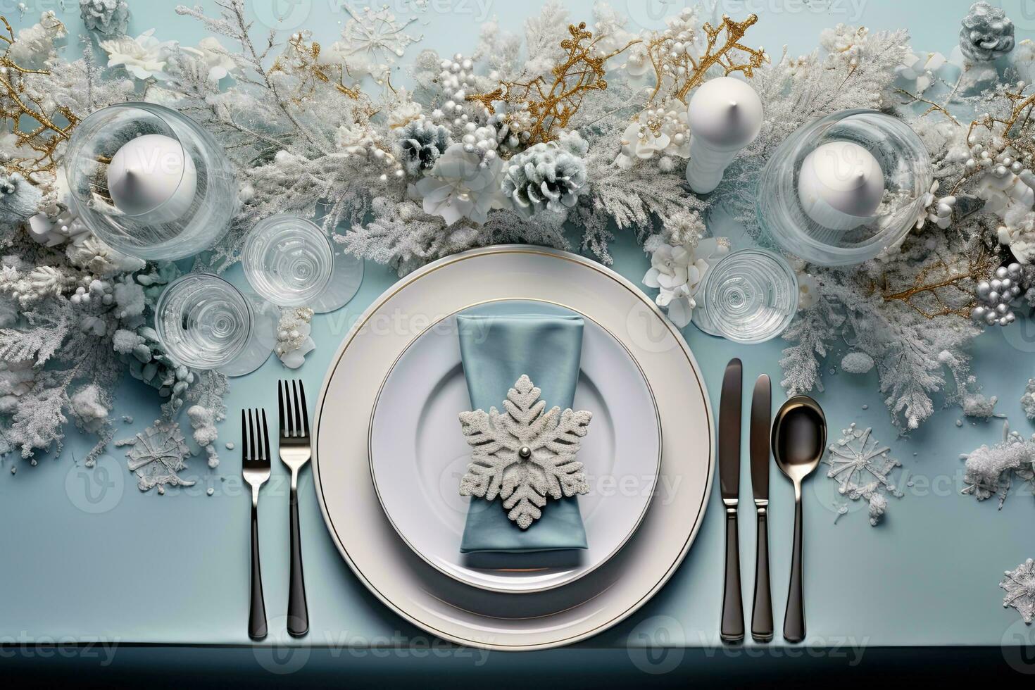Christmas table setting with dishware, silverware and decorations on festive table. Top view. AI generated photo