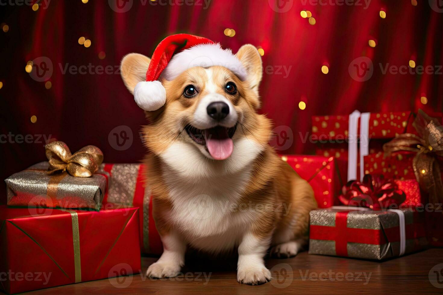 Christmas corgi dog wearing santa hat with gift boxes on bokeh background. Generative AI photo