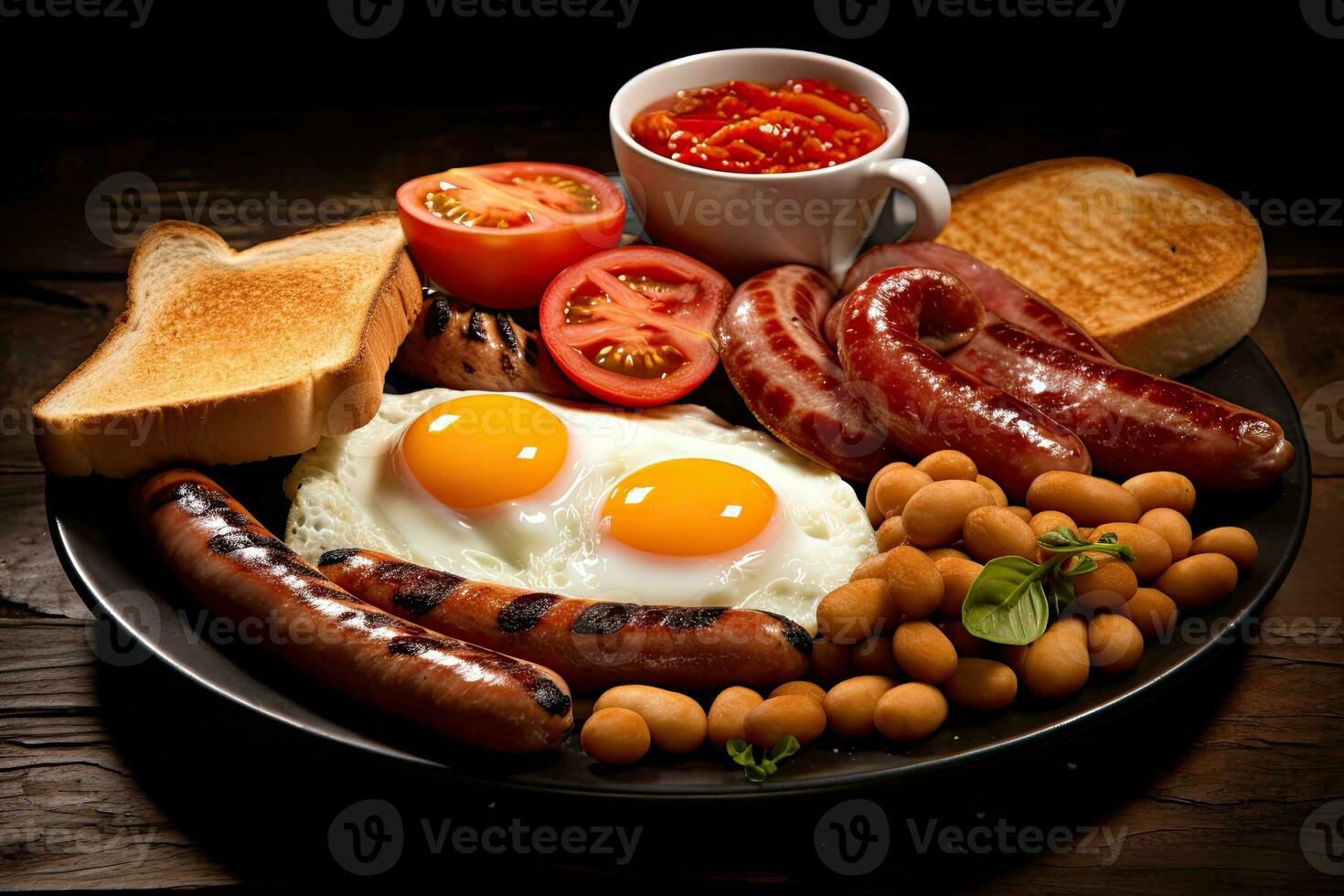 english breakfast with fried eggs bacon sausages beans toasts on dark background. Generative AI photo