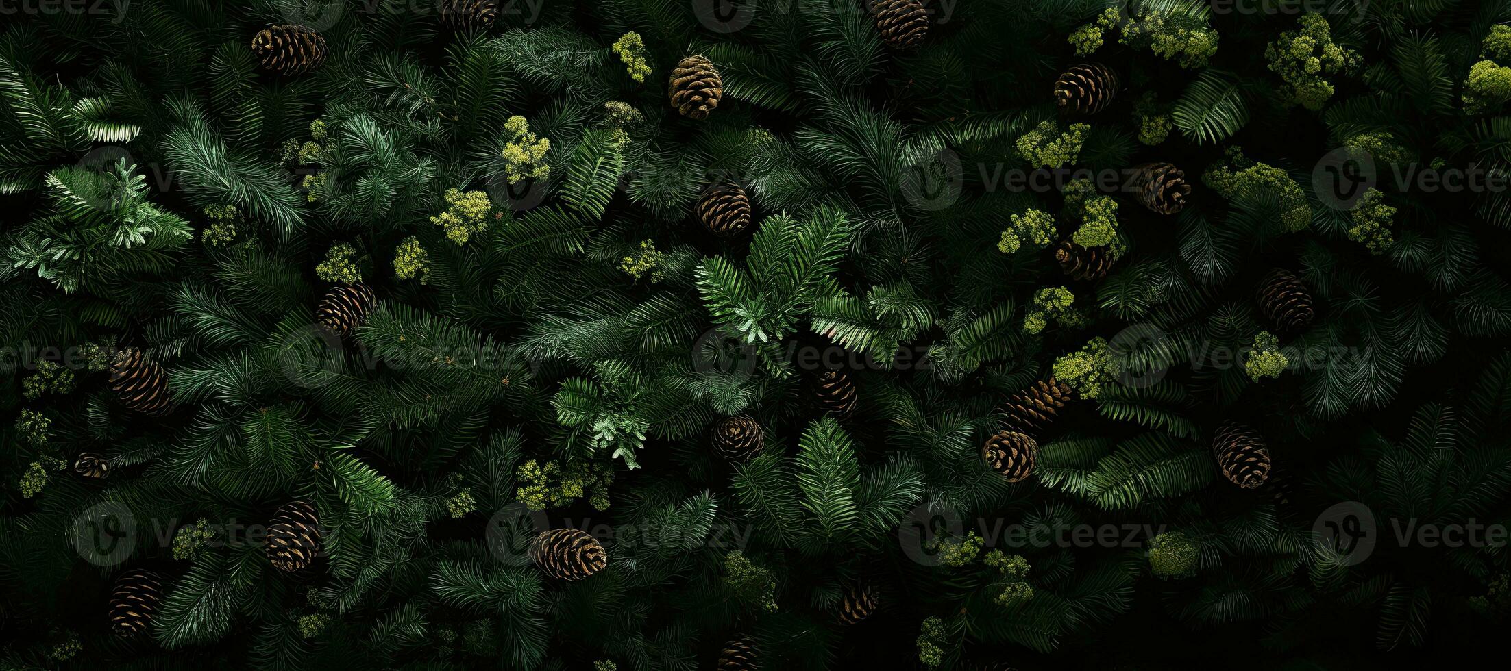 Background of green dark texture spruce christmas tree branches with cones. AI generated photo