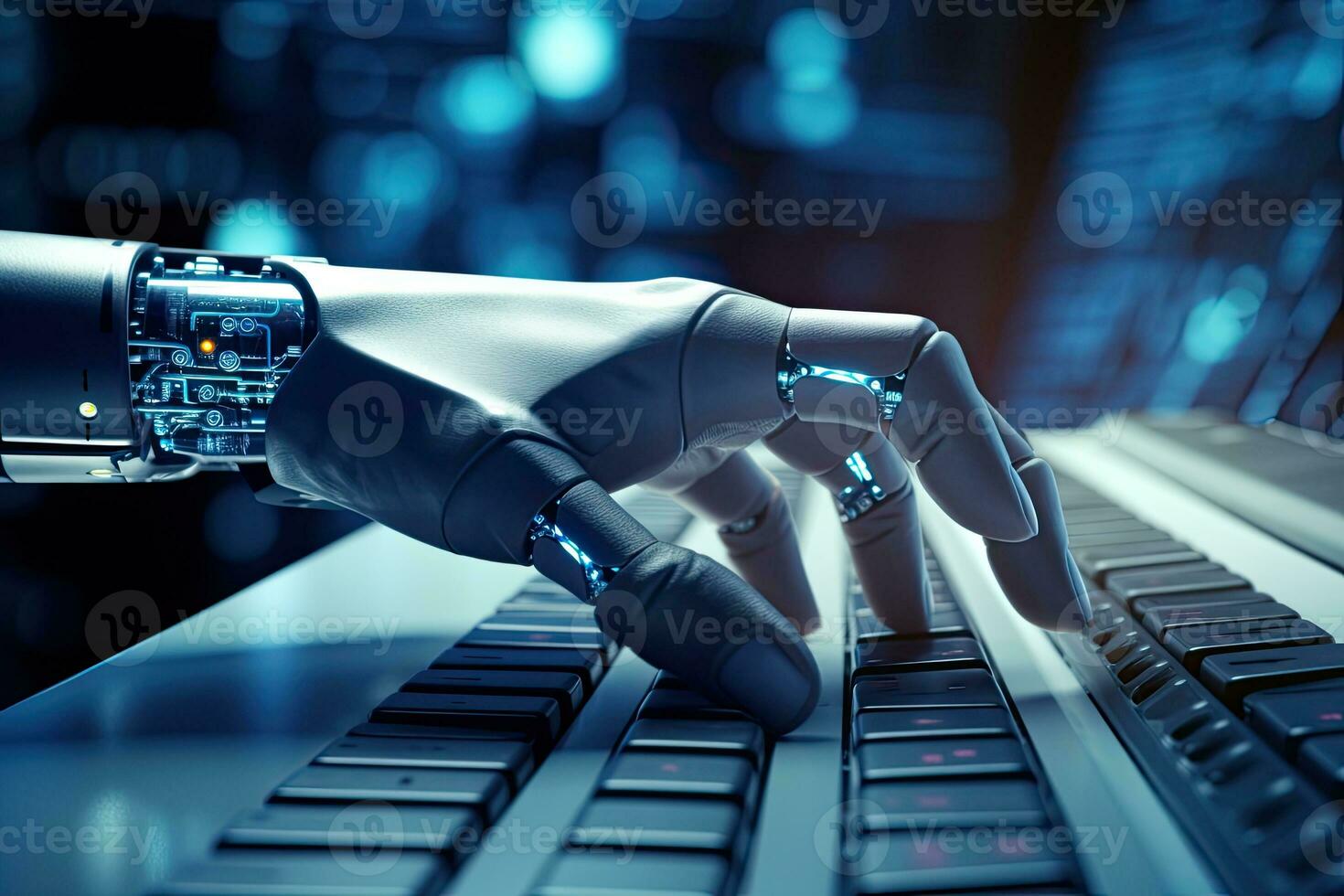 mano de futurista robot prensa el botón en teclado. conceptual tecnología diseño. ai generado foto