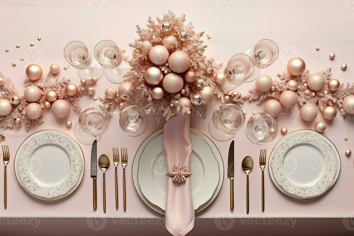 Christmas table setting with dishware, silverware and decorations on festive table. Top view. AI generated photo
