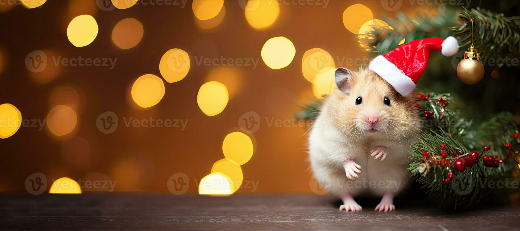 Banner of Hamster in santa hat and christmas tree with bokeh background. AI generated photo