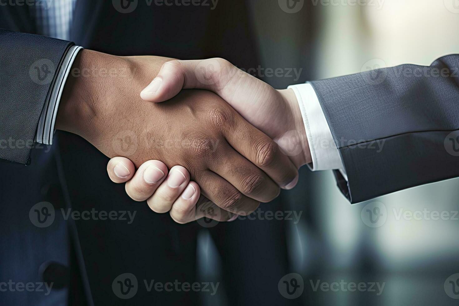 Businessmen making multirracial handshake in the city. Generative AI photo