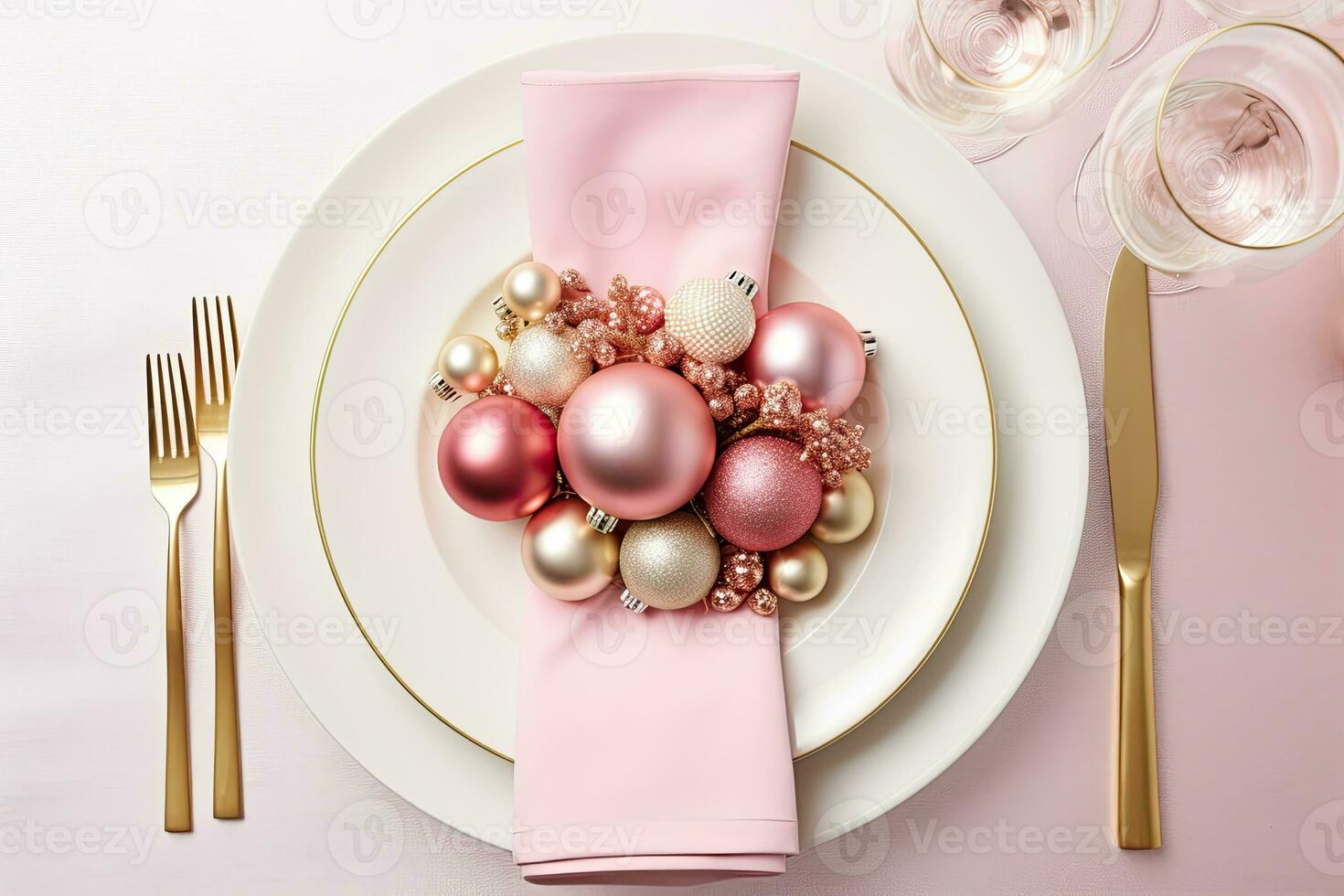 Christmas table setting with dishware, silverware and decorations on festive table. Top view. AI generated photo