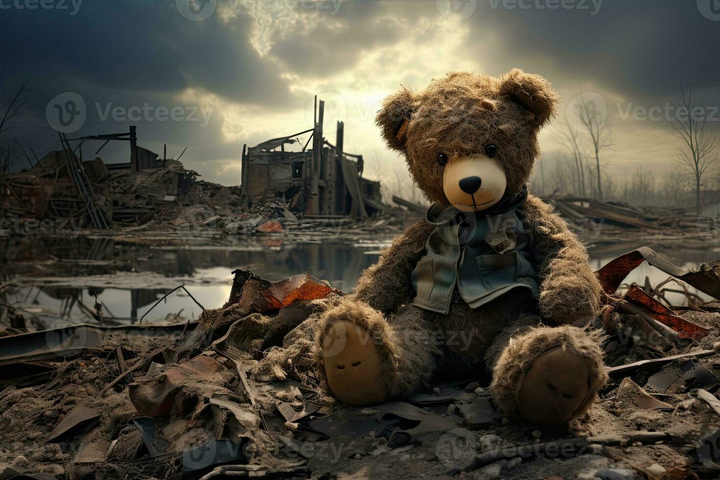 teddy bear sits on the ground on the ruined city background. Generative AI photo