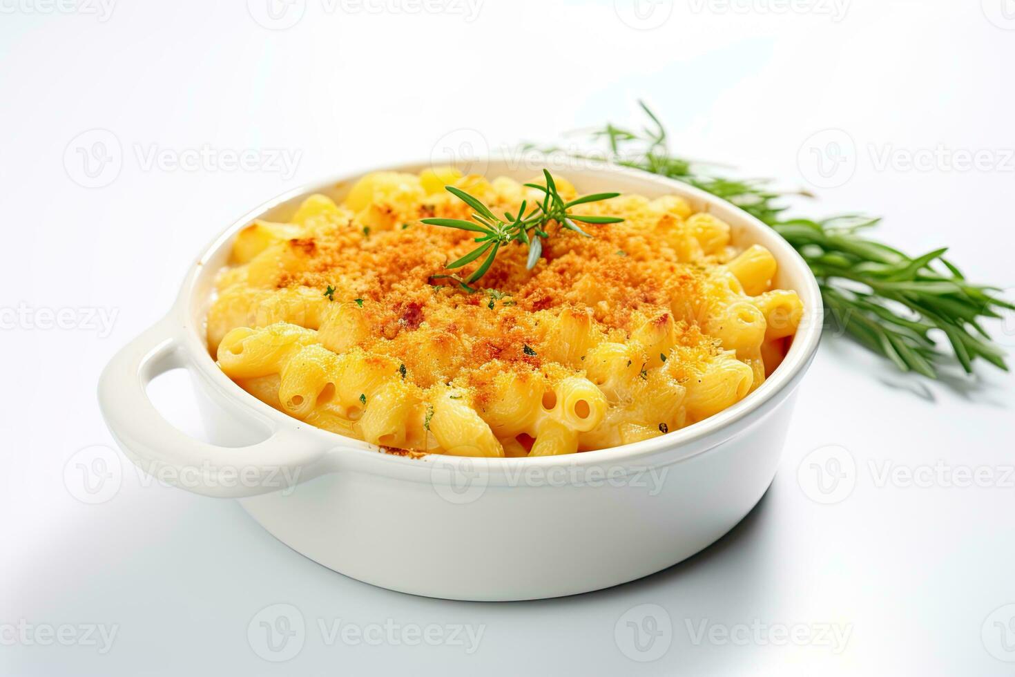 Mac and cheese in a white pan on white background. Generative AI photo