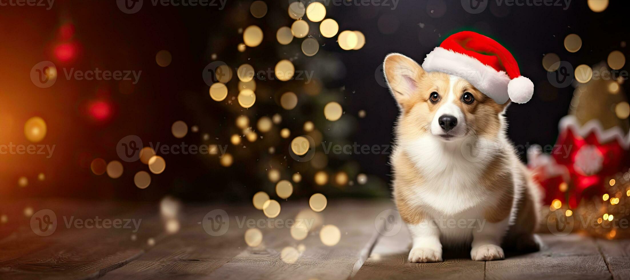 Christmas banner of corgi dog wearing santa hat on bokeh background. Generative AI photo